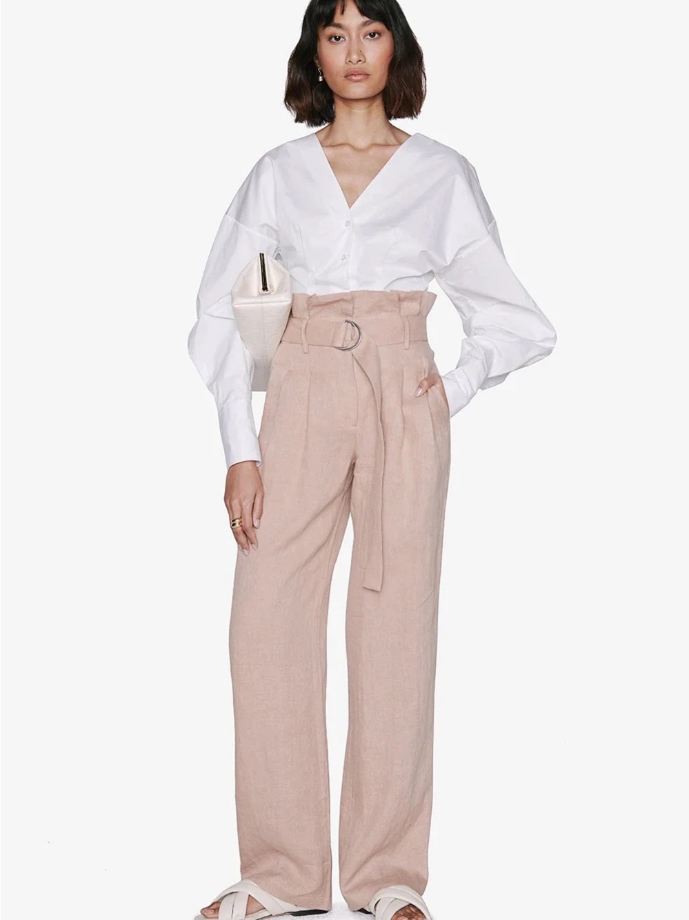 Anine Bing Blush Paperbag Waist Wide-Leg Pants